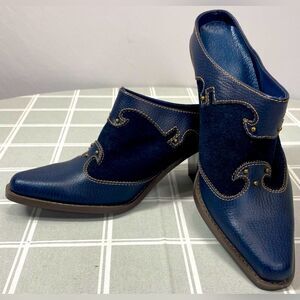 Western Blue Leather Suede Mules Boot Shoes Womens Size 7 Cowgirl Clog Booties